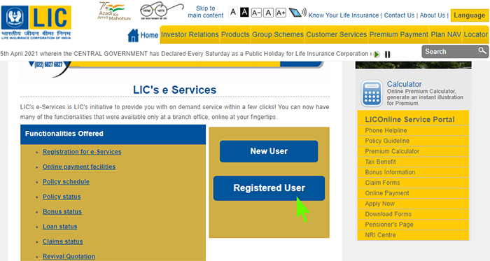 youll be taken to the lic e-services page