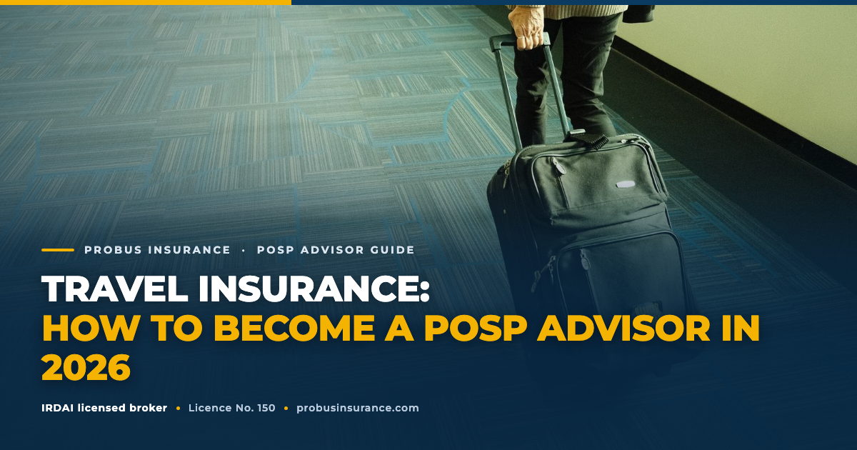Travel Insurance POSP insurance advisor guide, traveller with luggage in an airport corridor